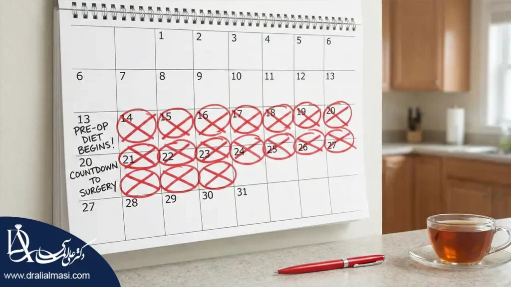 تقویم علامت‌ گذاری شده نشان‌ دهنده مدت زمان رژیم قبل از جراحی چاقی که معمولا ۱۴ روز (دو هفته) است