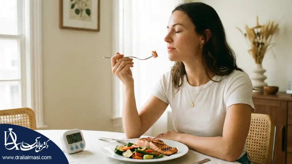 تمرین آهسته غذا خوردن و جویدن زیاد غذا به عنوان یکی از نکات مهم آمادگی و تغییر سبک زندگی قبل از عمل بای  اسلیو