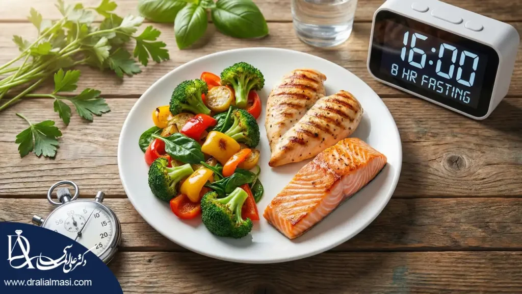 بشقاب رژیمی سالم برای لاغری شکم در کنار ساعت