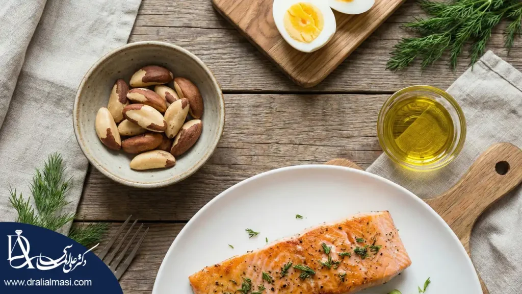 مواد غذایی مفید برای درمان کم کاری تیروئید شامل ماهی، آجیل برزیلی، تخم مرغ