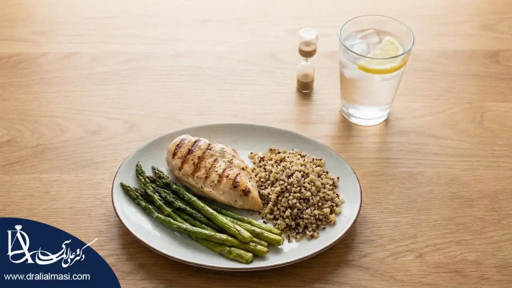 تصوبر یک بشقاب غذای رژیمی به همراه آب