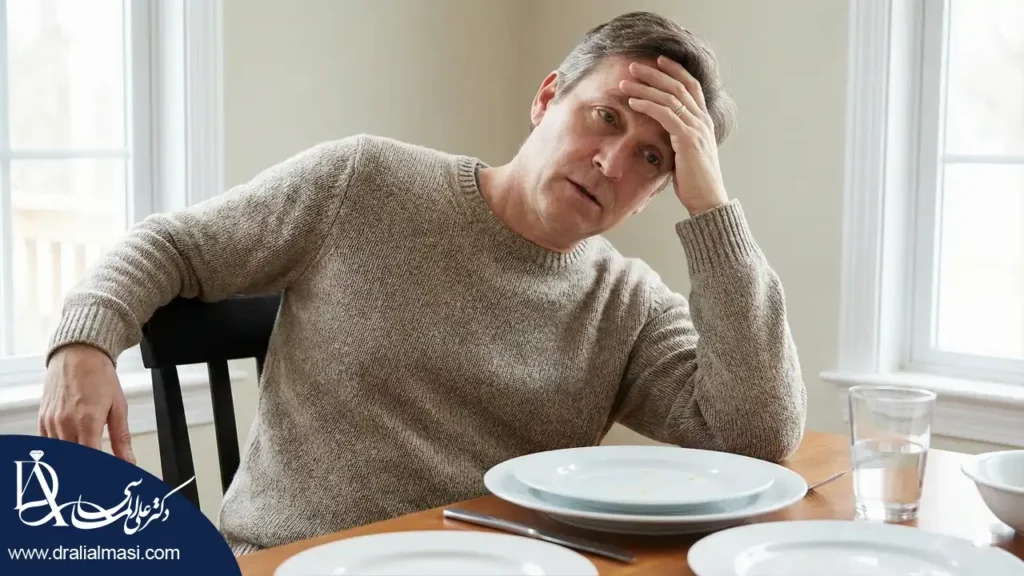 تصویر مردی که به خاطر سندروم دامپینگ می ترسد غذا بخورد