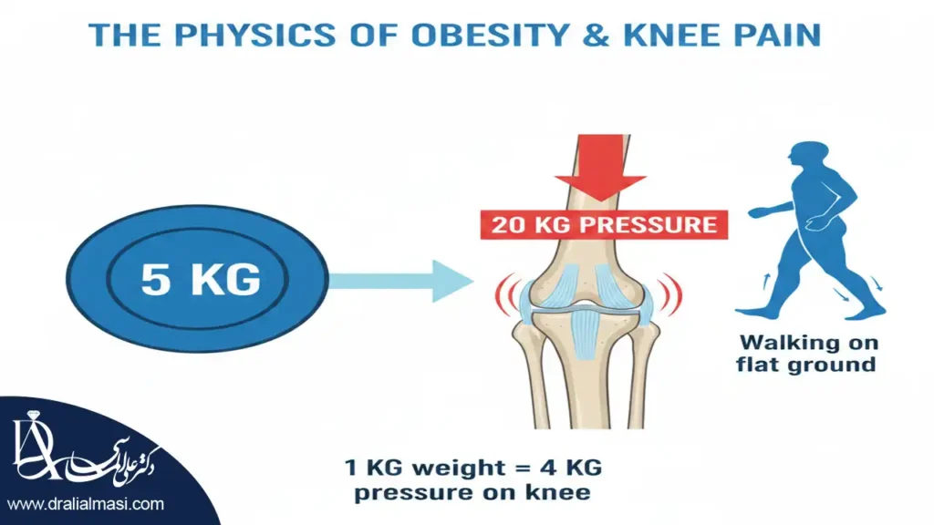 اینفوگرافی که نشان دهنده تاثیر اضافه وزن بر زانو است