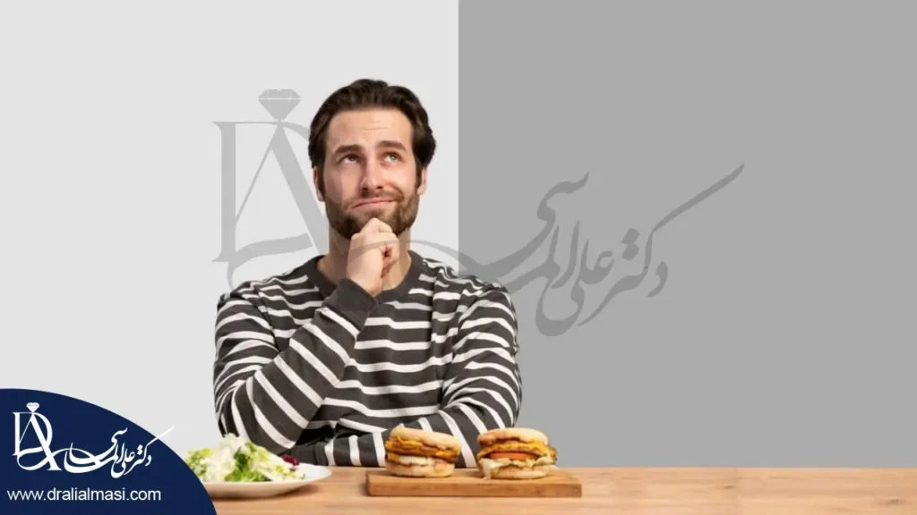 تصویر یک فرد که در حال فکر کردن به کالری مواد غذایی است .