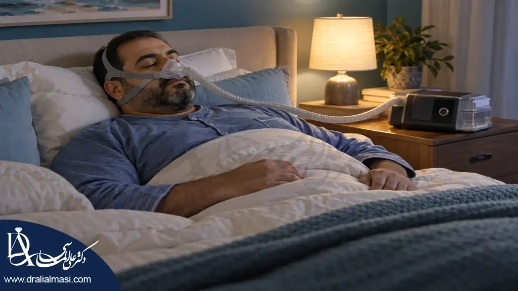 مرد دارای چاقی هنگام خواب با ماسک بینی متصل به دستگاه CPAP